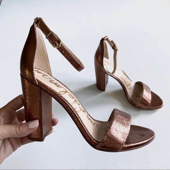 bronze block heel sandals